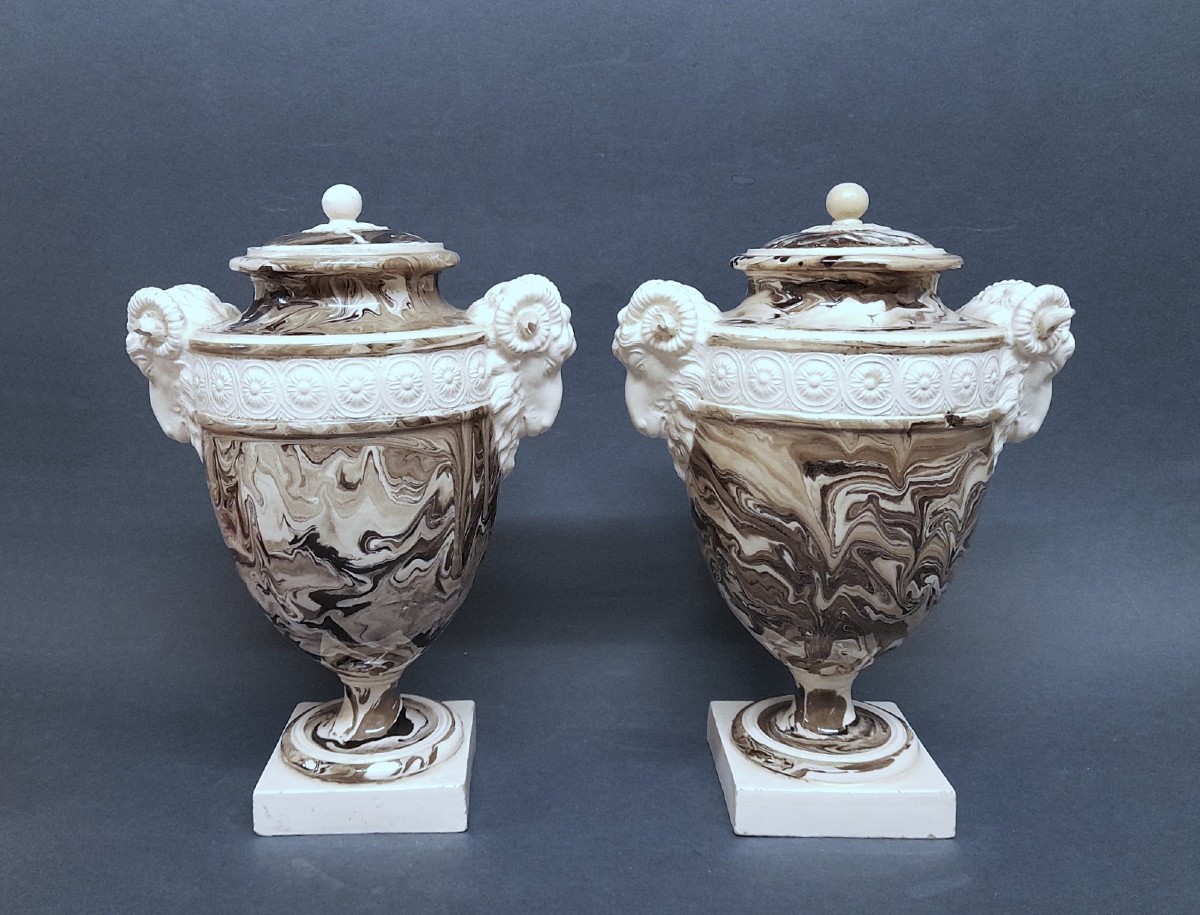 Sarreguemines, Pair Of Engobe Marbled Vases