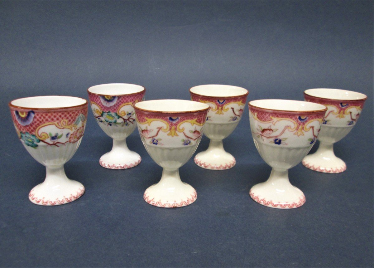 Sarreguemines, 6 Porcelain Egg Cups, Decor 216