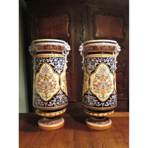 Sarreguemines, Pair Of "balustre" Hand Painted Vases