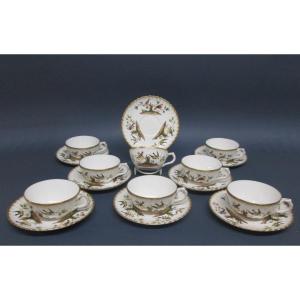 Sarreguemines, 8 Porcelain Tea Cups Decor Birds In The Manner Of Meissen, Herend