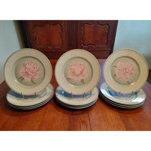 Hermès, Les Pivoines, Limoges, Porcelain, 12 Flat Plates