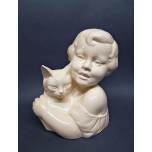 Sarreguemines, Bust Of Girl With Cat, Art Deco