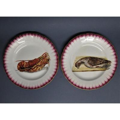 Sarreguemines Pair Of Hand Painted Plates, Hunting, Fishing, Game, Partridge, Lobster