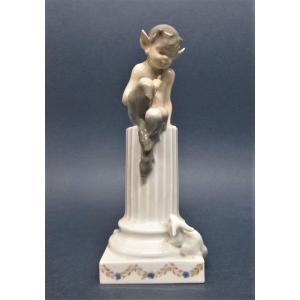 Royal Copenhagen, Figurine Faun On Column, Flute, Squirrel