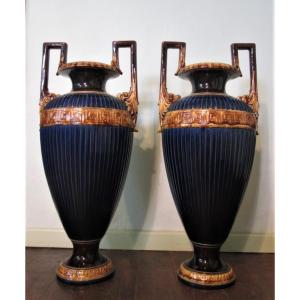 Sarreguemines, Majolica, Pair Large Vases "athenian", Empire