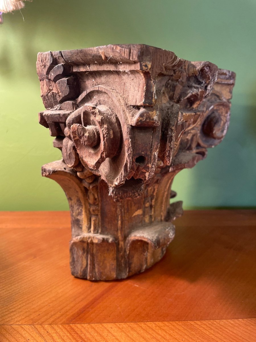 Pair Of Corinthian Half Capitals In Gilded Carved Wood, 18th Century-photo-2