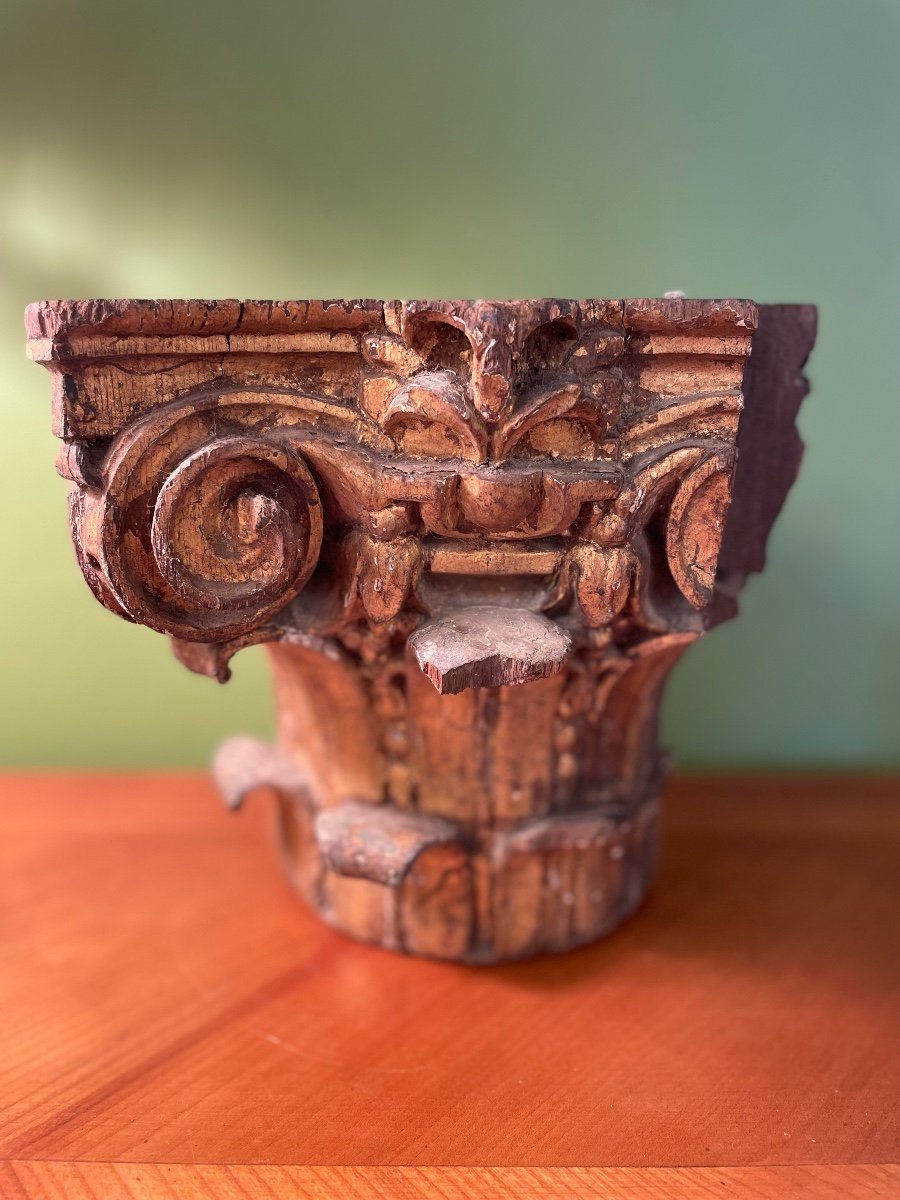 Pair Of Corinthian Half Capitals In Gilded Carved Wood, 18th Century-photo-4