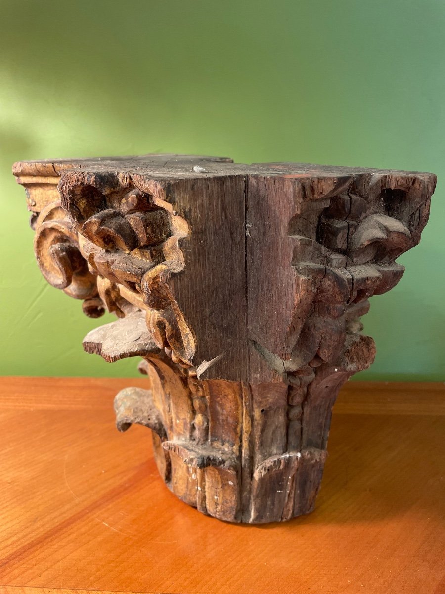 Pair Of Corinthian Half Capitals In Gilded Carved Wood, 18th Century-photo-5