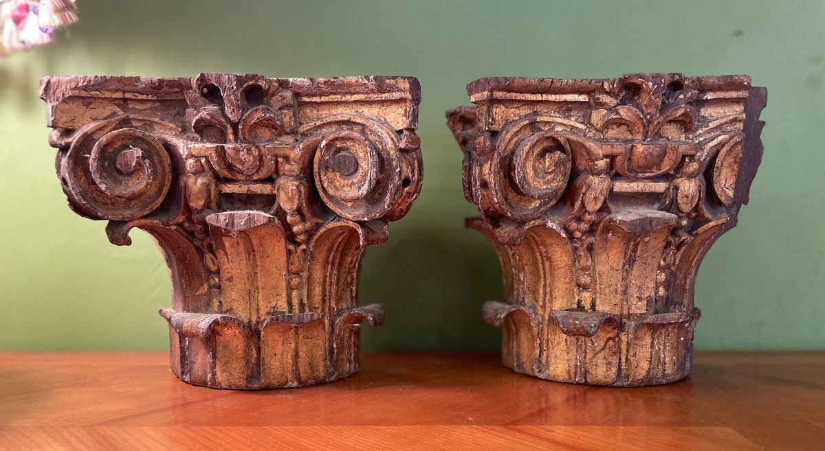 Pair Of Corinthian Half Capitals In Gilded Carved Wood, 18th Century-photo-8