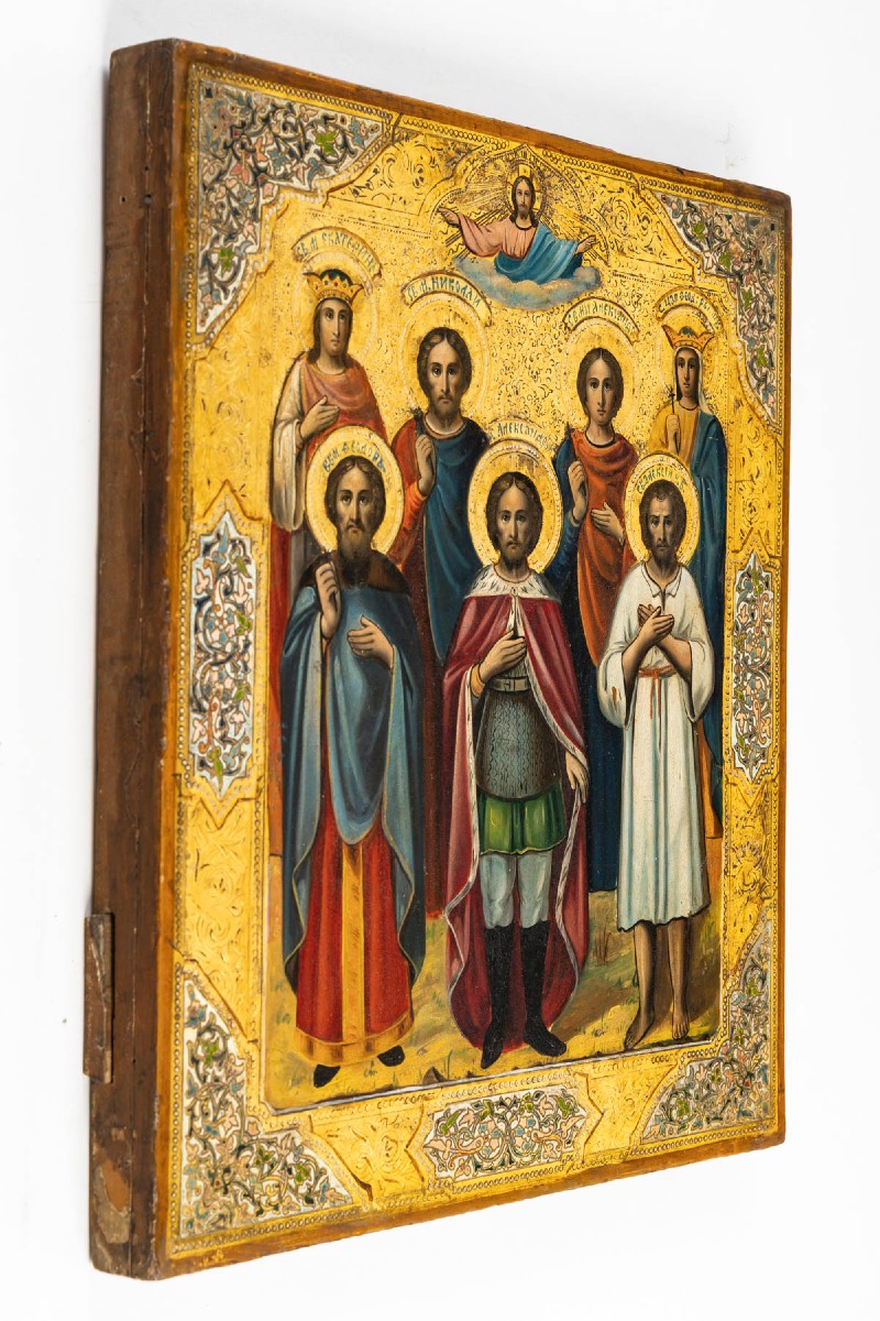 Icon Depicting A Royal Couple Surrounded By Saints, Russia, 19th Century.-photo-2