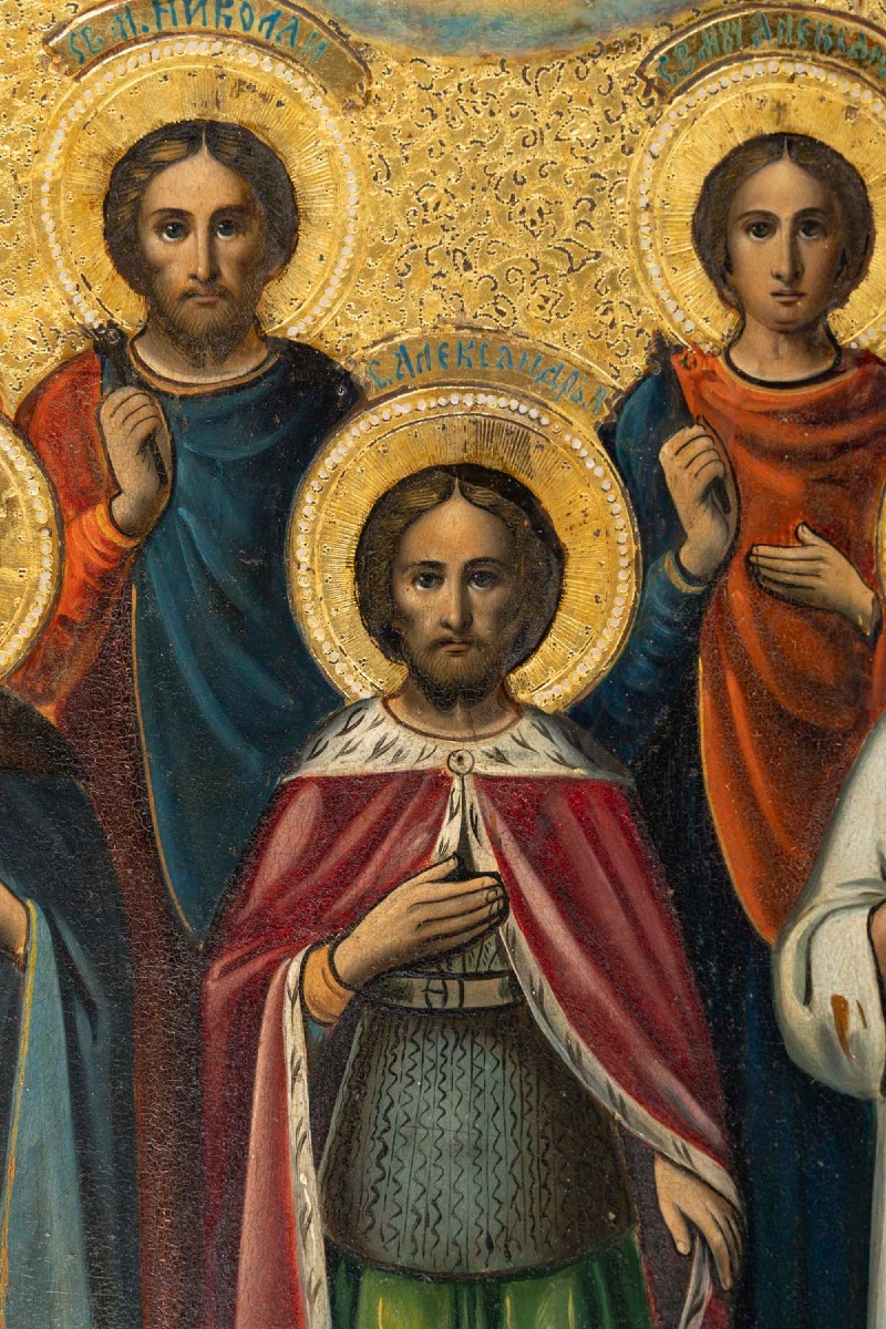 Icon Depicting A Royal Couple Surrounded By Saints, Russia, 19th Century.-photo-3