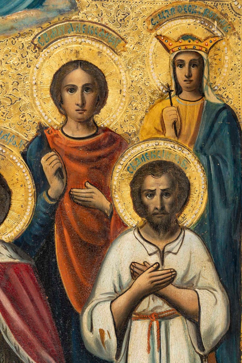 Icon Depicting A Royal Couple Surrounded By Saints, Russia, 19th Century.-photo-4