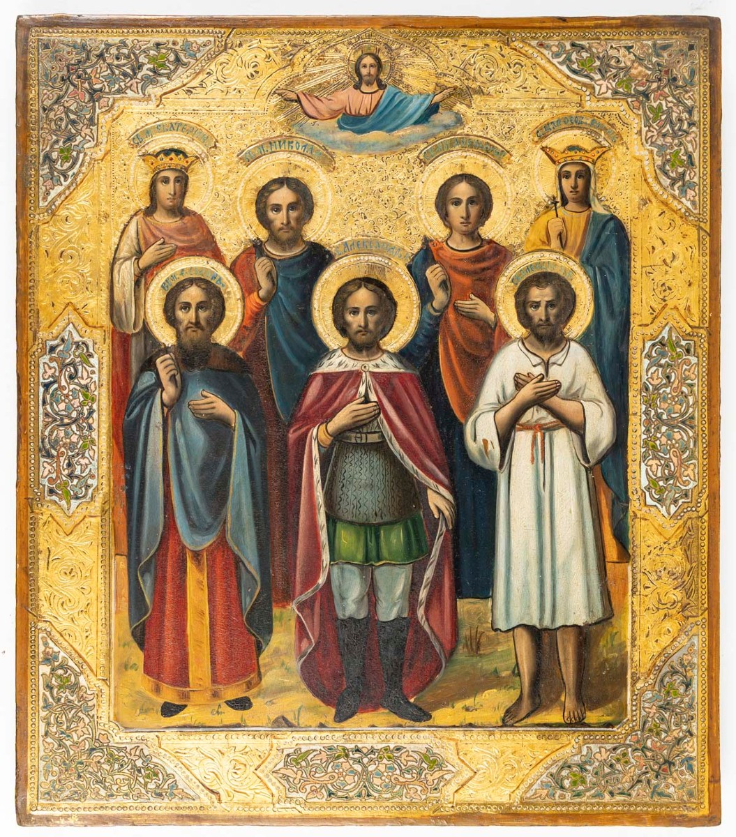 Icon Depicting A Royal Couple Surrounded By Saints, Russia, 19th Century.