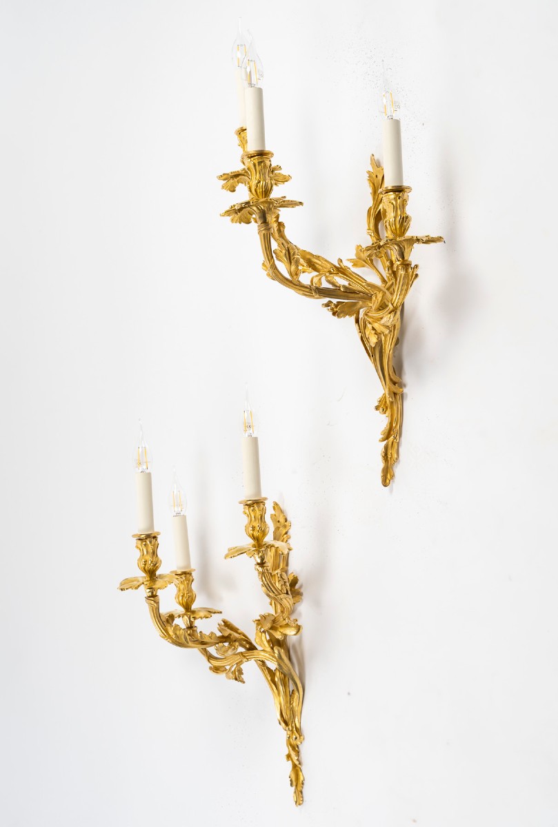 Important Pair Of Wall Lights Signed Raingo, In Gilded Bronze In The Louis XV Style, From The 19th Century.-photo-2