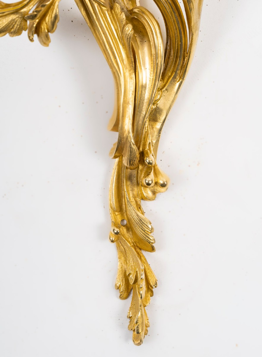 Important Pair Of Wall Lights Signed Raingo, In Gilded Bronze In The Louis XV Style, From The 19th Century.-photo-1