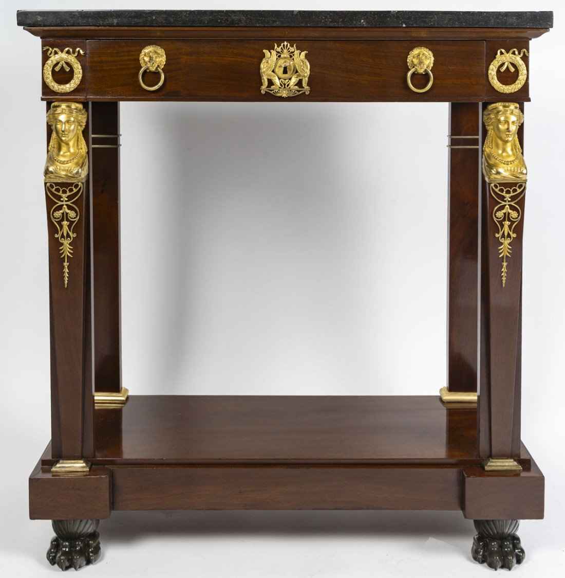 Petite console en acajou et bronze doré, d'époque Ier empire (1804-18015), XIXème siècle.-photo-3