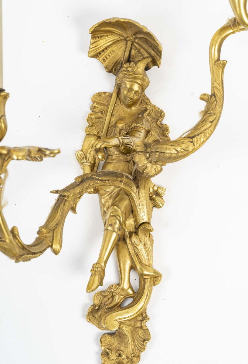 Pair Of Gilt Bronze Wall Lights Depicting A Venetian Dancing Couple, Late 19th Century-photo-2