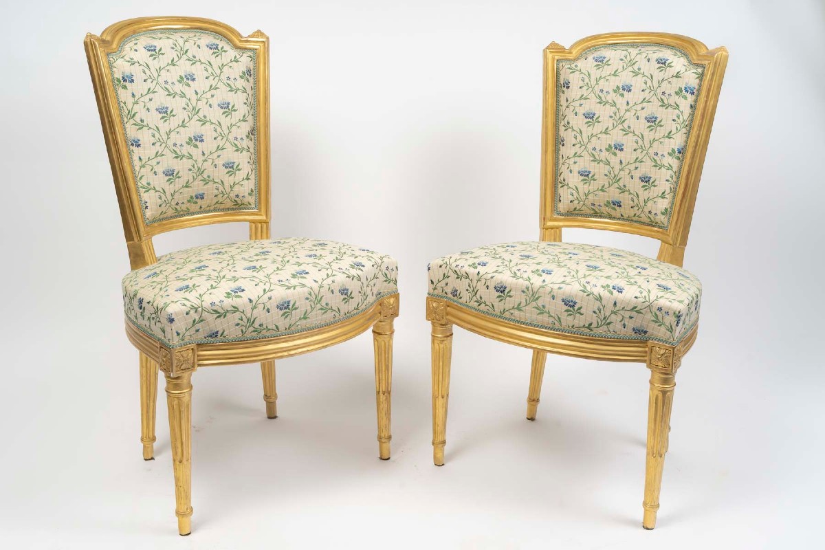 Paire de chaises en bois doré, d'époque Louis XVI (1774-1789), XVIIIème siècle.-photo-2