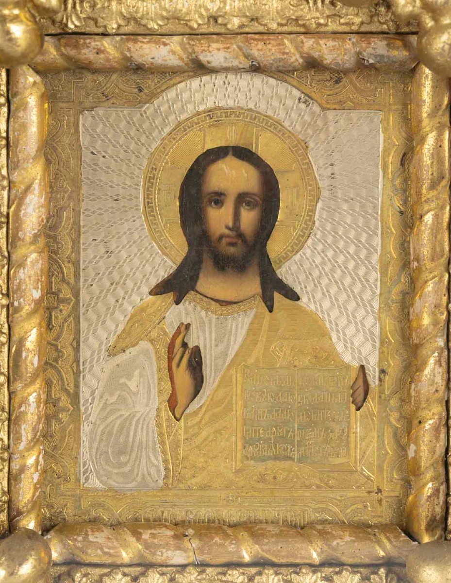Icon Depicting Christ Pantocrator Blessing, Russia, 19th Century. -photo-2