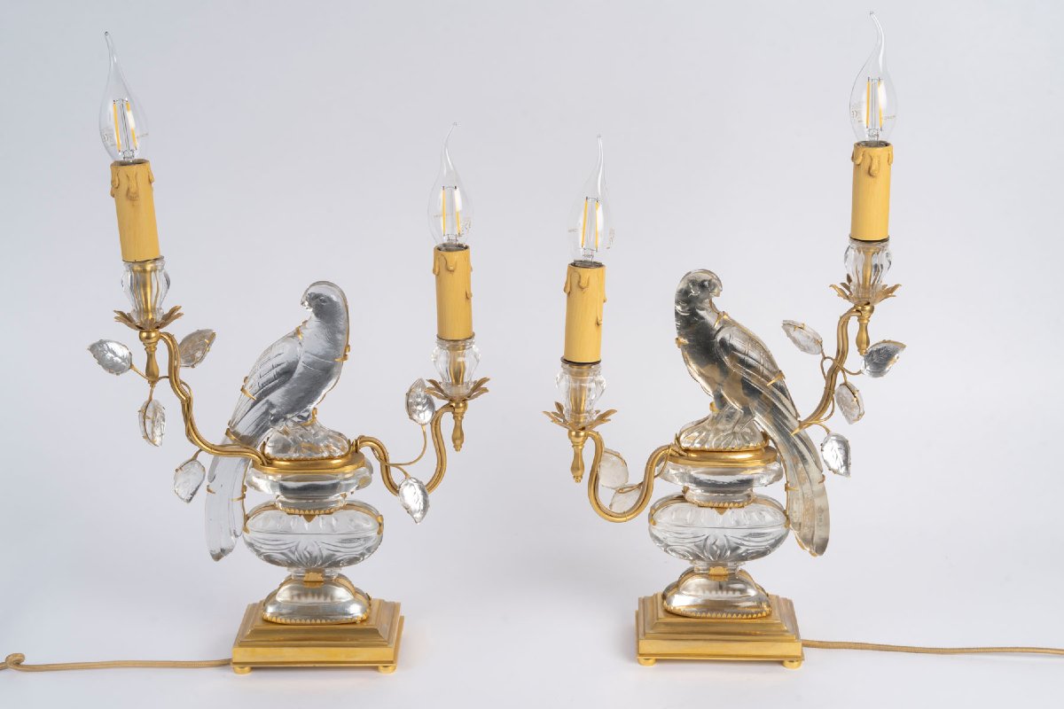 Paire de lampes aux Perroquets, Baguès, XXème siècle.