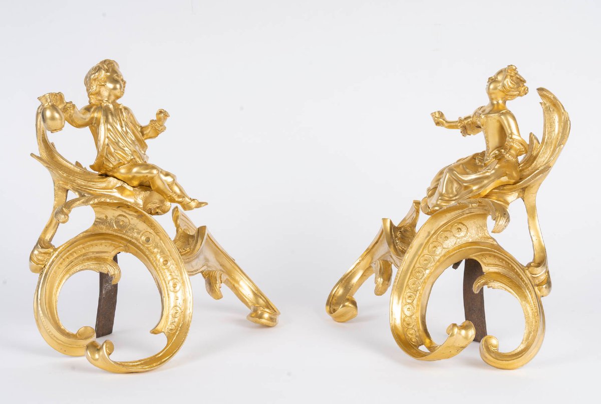 Paire de chenet en bronze doré, d'époque Louis XV (1724-1774), XVIIIème siècle. -photo-3