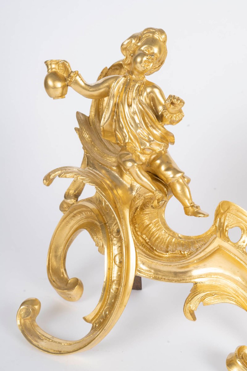 Paire de chenet en bronze doré, d'époque Louis XV (1724-1774), XVIIIème siècle. -photo-4