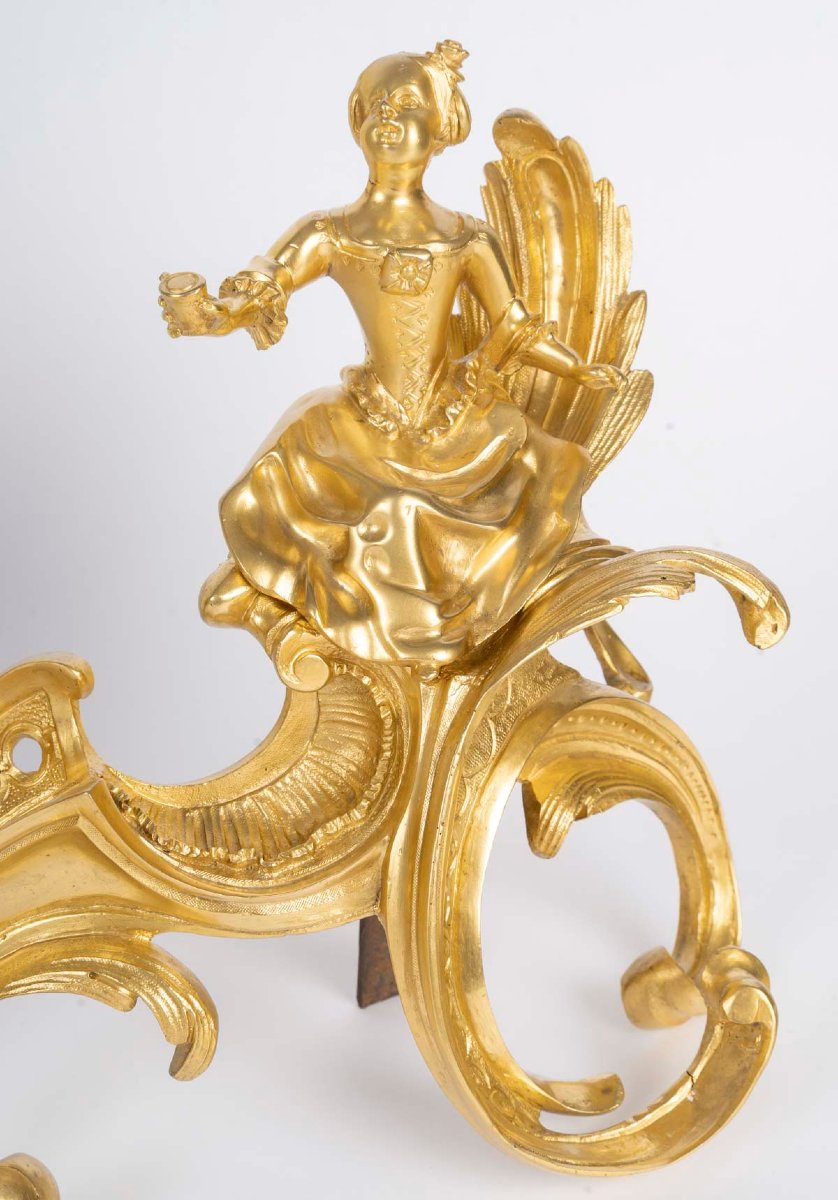 Paire de chenet en bronze doré, d'époque Louis XV (1724-1774), XVIIIème siècle. -photo-1