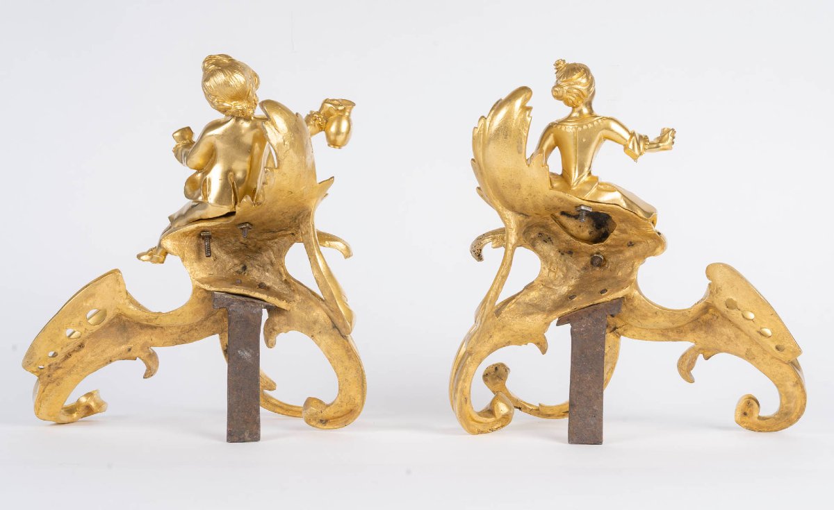 Paire de chenet en bronze doré, d'époque Louis XV (1724-1774), XVIIIème siècle. -photo-2