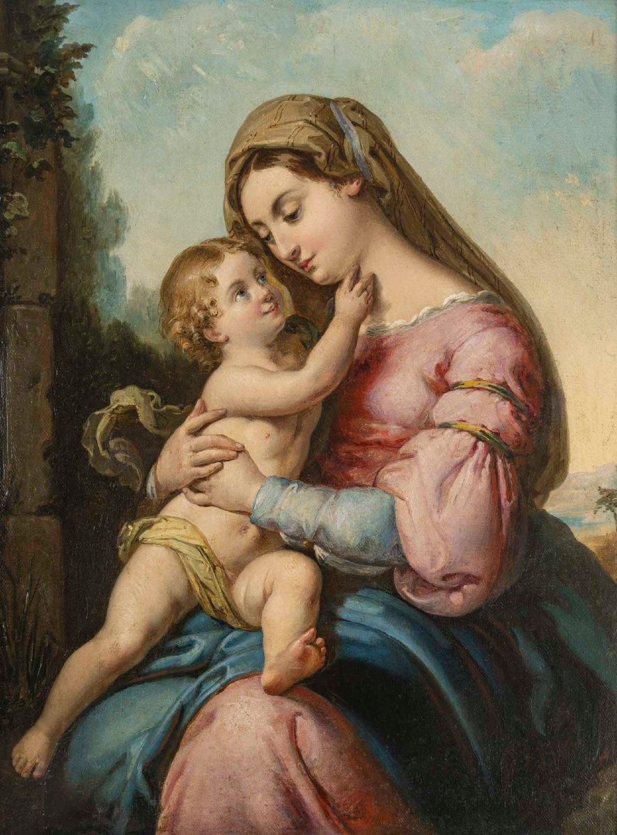 Oil On Canvas, "madonna And Child" Attributed To Francesco Podesti (1800–1895), Italy, 19th-photo-2