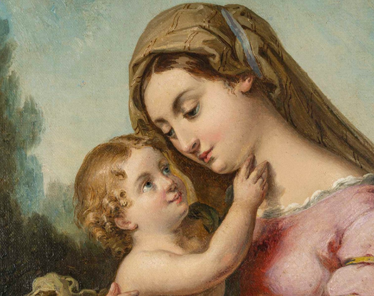 Oil On Canvas, "madonna And Child" Attributed To Francesco Podesti (1800–1895), Italy, 19th-photo-4