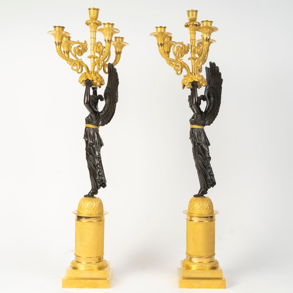 Large Pair Of Gilded And Patinated Bronze Candelabra, From The Empire Period (1804–1815), 19th Century-photo-2