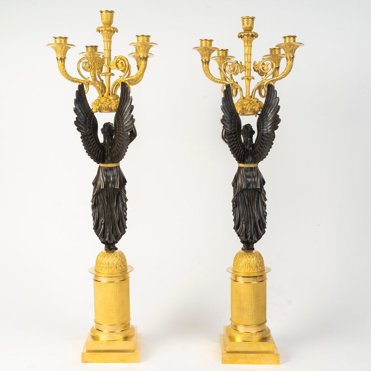 Large Pair Of Gilded And Patinated Bronze Candelabra, From The Empire Period (1804–1815), 19th Century-photo-2