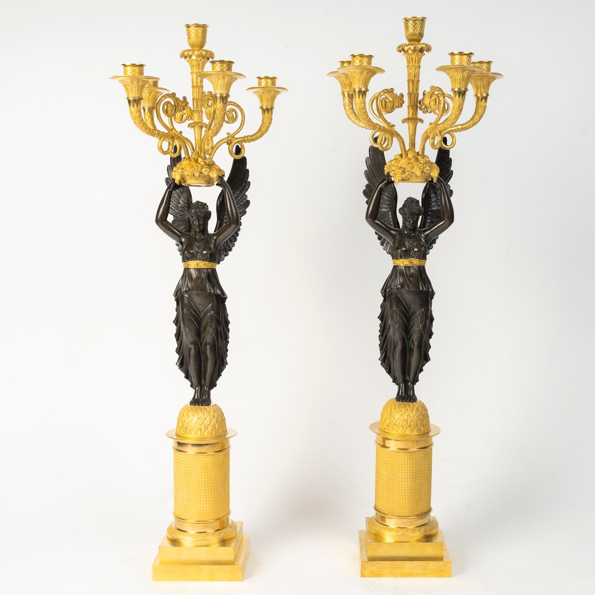 Large Pair Of Gilded And Patinated Bronze Candelabra, From The Empire Period (1804–1815), 19th Century