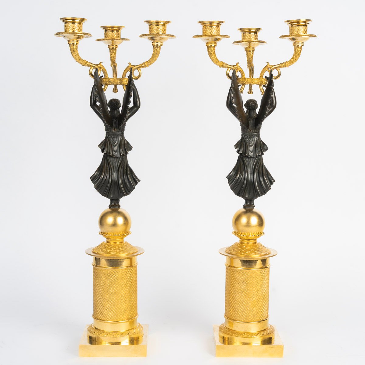 Paire de candélabre en bronze doré et patiné, d'époque Empire (1804-1815), XIXème siècle.-photo-3