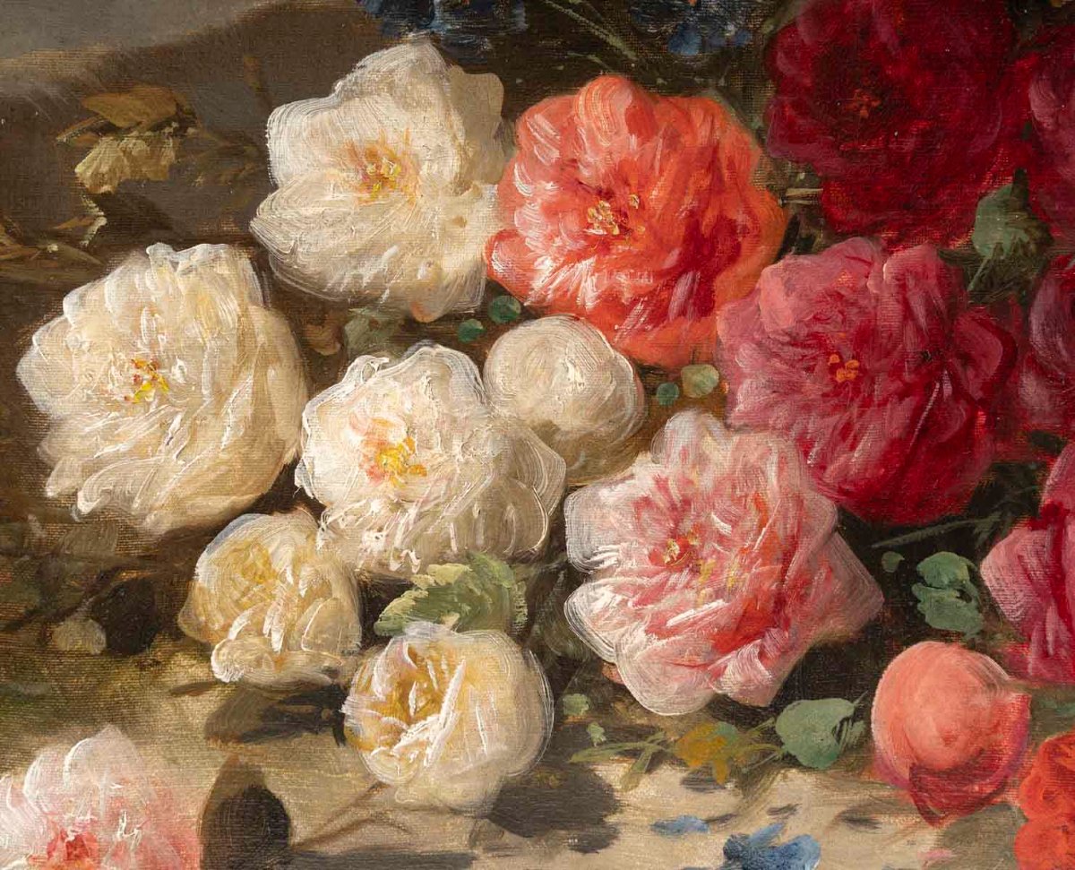 Oil On Canvas, Still Life With Flowers, Henri Schouten (1857–1927), 19th Century.-photo-3