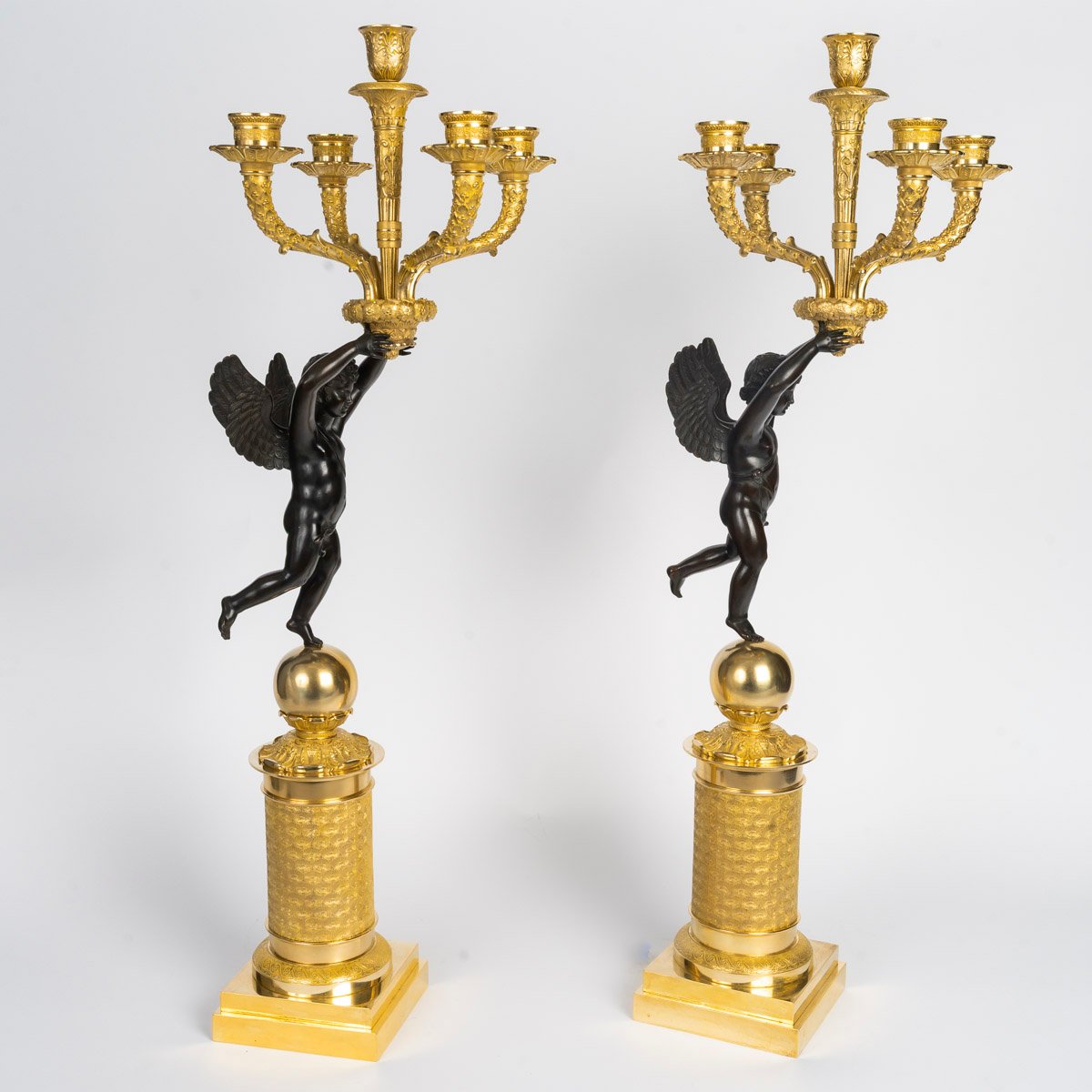 Large Pair Of Gilded And Patinated Bronze Candelabra, From The Empire Period (1804–1815), 19th Century-photo-2