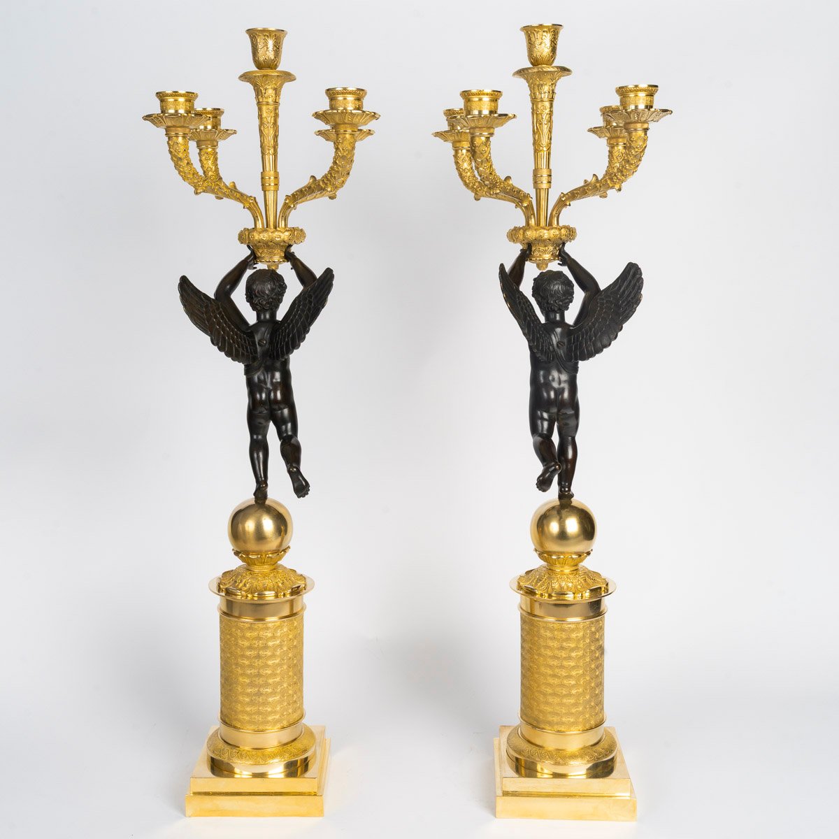 Large Pair Of Gilded And Patinated Bronze Candelabra, From The Empire Period (1804–1815), 19th Century-photo-3