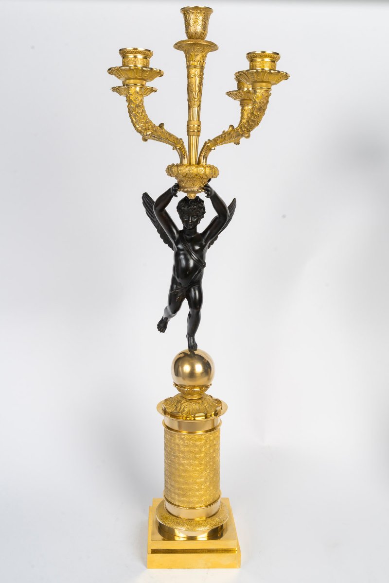 Large Pair Of Gilded And Patinated Bronze Candelabra, From The Empire Period (1804–1815), 19th Century-photo-4