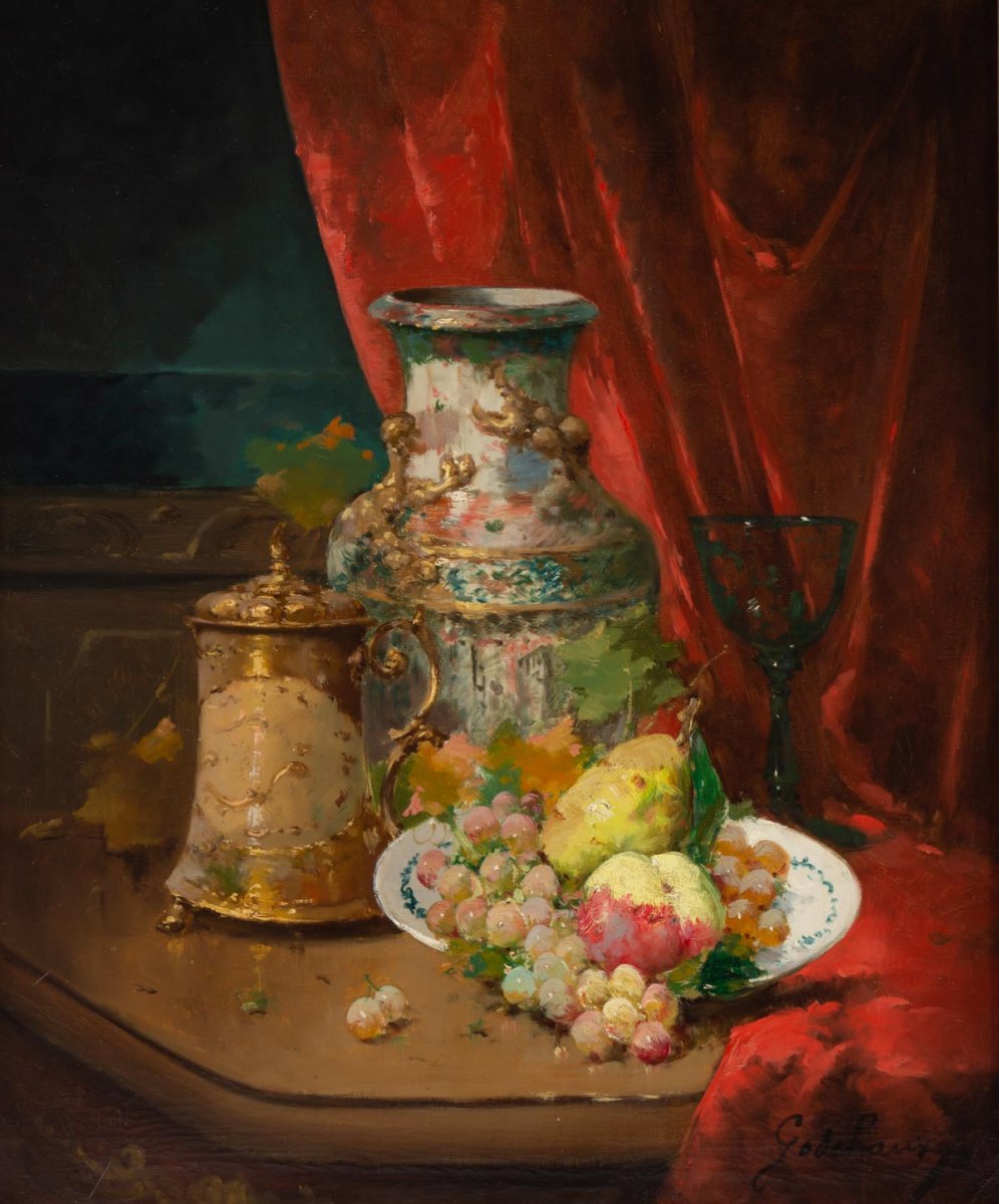 Emile Godchaux (1860 - 1938) : Assiette De Fruits Au Vase De Chine.-photo-2