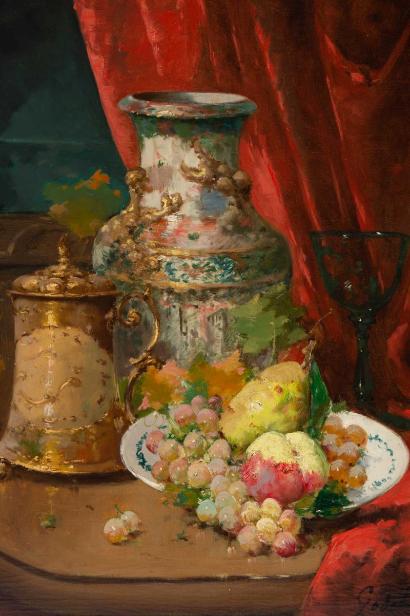 Emile Godchaux (1860 - 1938) : Assiette De Fruits Au Vase De Chine.-photo-3