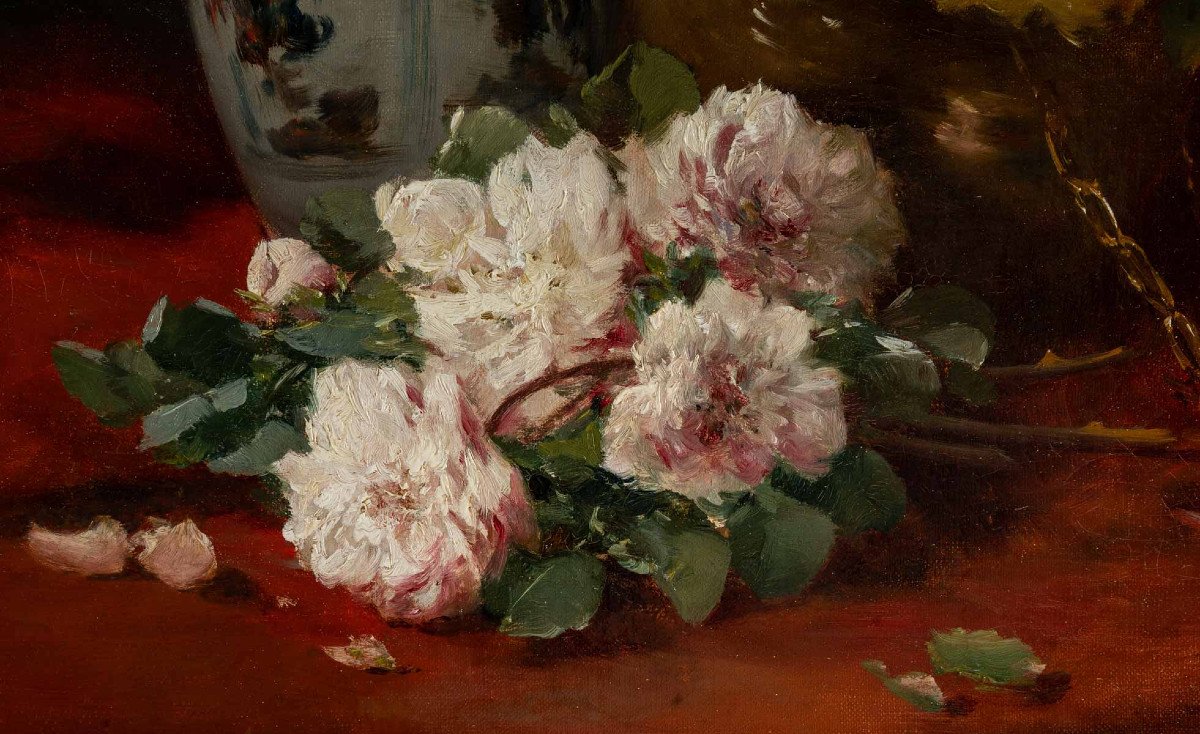 Henri Cauchois (1850 - 1911) : Nature Morte Aux Bouquets De Roses.-photo-4