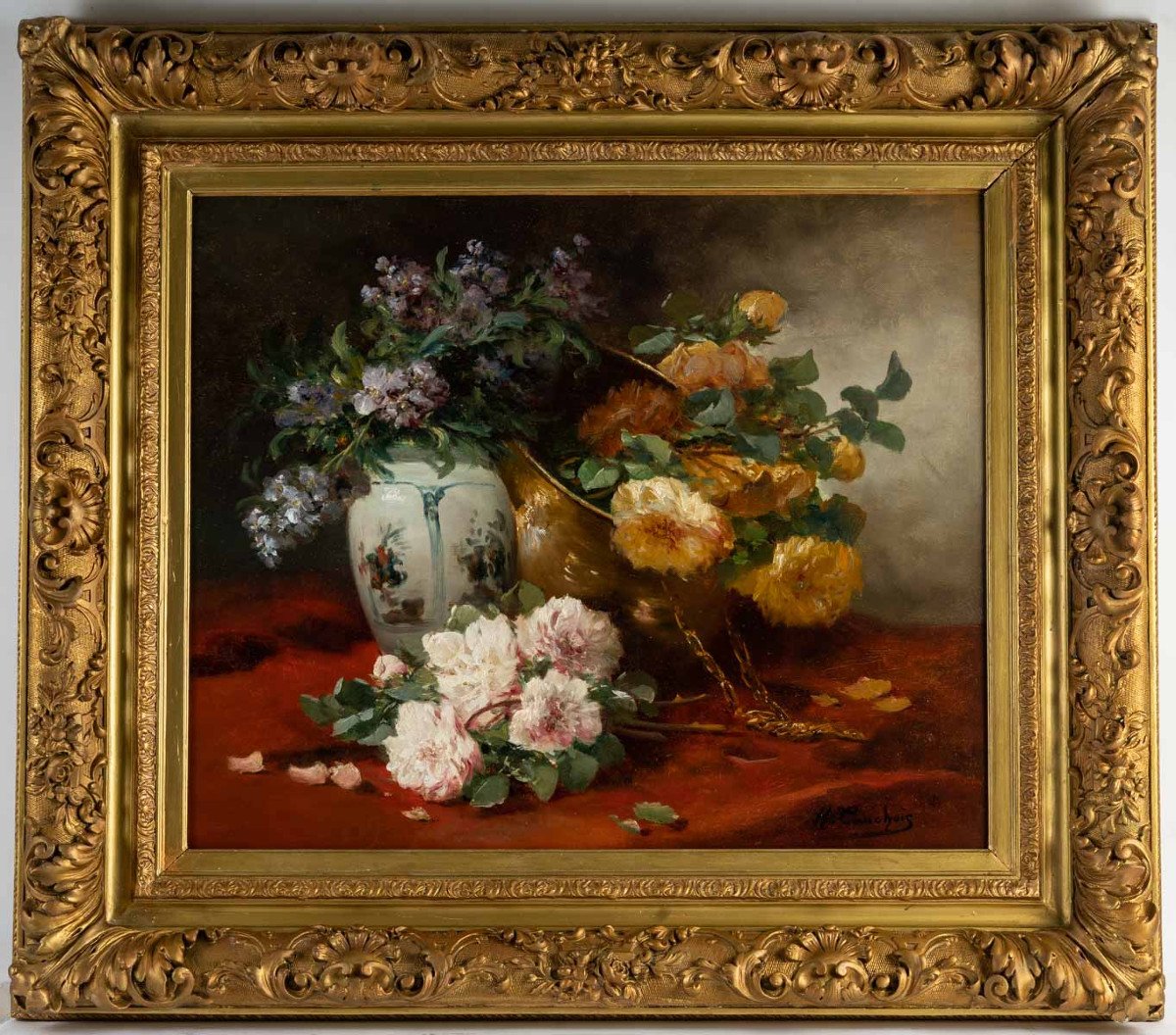 Henri Cauchois (1850 - 1911) : Nature Morte Aux Bouquets De Roses.