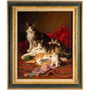 Jules Gustave Leroy (1856 - 1921) : A Cat Family With A Wool Ball., Painting