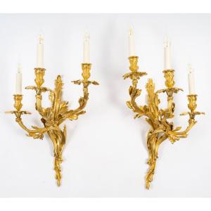Important Pair Of Wall Lights Signed Raingo, In Gilded Bronze In The Louis XV Style, From The 19th Century.