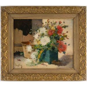 Cauchois Eugêne-Henri (1850.-1911) dit "Langlois", Bouquet de Crysanthèmes, d'époque XIXème.