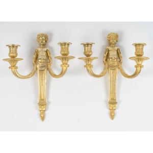 Pair Of Ormolu Sconces In The Louis XVI Style, Napoleon III Period. 19th Century.