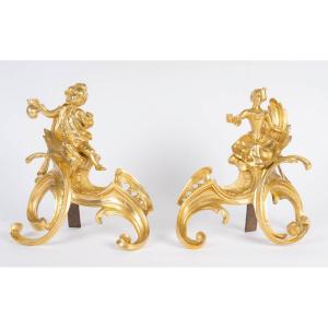 Paire de chenet en bronze doré, d'époque Louis XV (1724-1774), XVIIIème siècle.