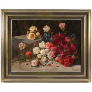 Huile sur toile, Nature morte aux fleurs, Henri Schouten (1857-1927), d'époque XIXème siècle.