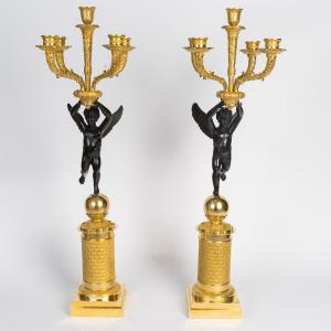 Grande paire de candélabre en bronze doré et patiné, d'époque Empire (1804-1815), XIXème siècle