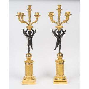 Grande paire de candélabre en bronze doré et patiné, d'époque Empire (1804-1815), XIXème siècle
